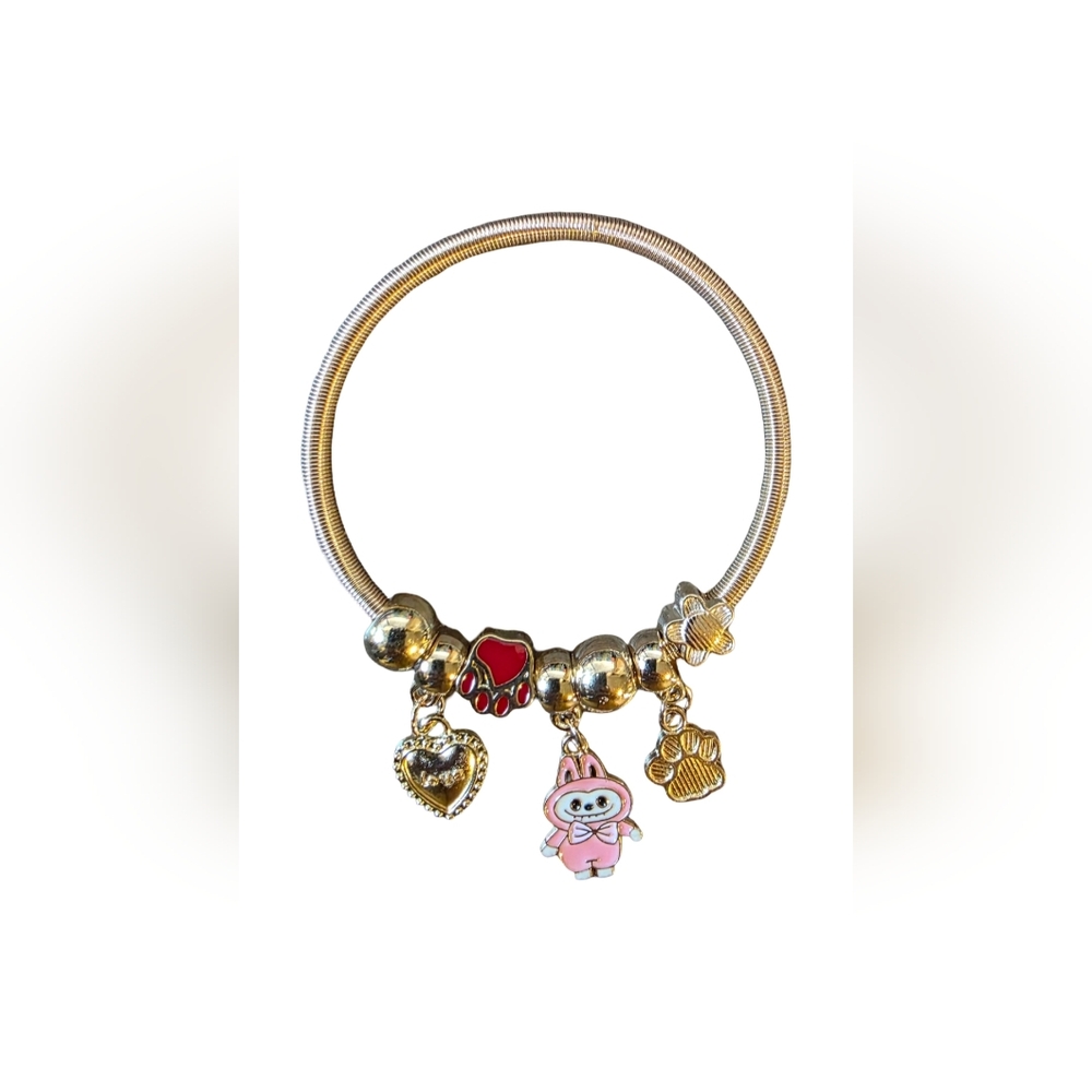 Gold Labubu Charm Bracelet with Red and Pink Accents